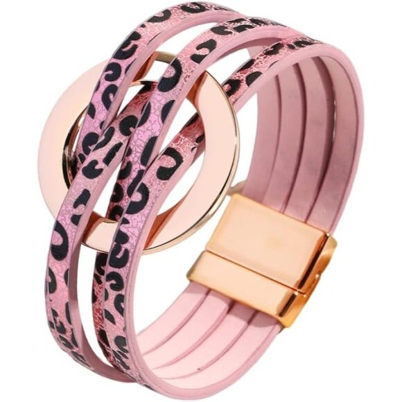Leopard Pink Charm Leather Wrap Bracelet Handmade Cuff Bracelets for Women - Picture 1 of 2
